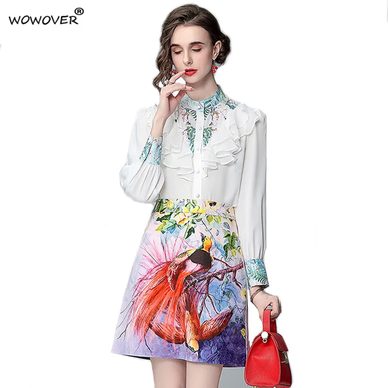 

New Spring Fashion Runway 2 Piece Set Women Designers Long Sleeve Ruffles White Shirt and High Waist Skirt Suit Office Twinset