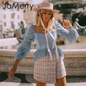 Винтажная пикантная шифоновая блузка JaMerry в горошек с оборками, рубашка, Повседневная Блузка с квадратным воротником и рукавами-фонариками, Женский Элегантный Приталенный топ