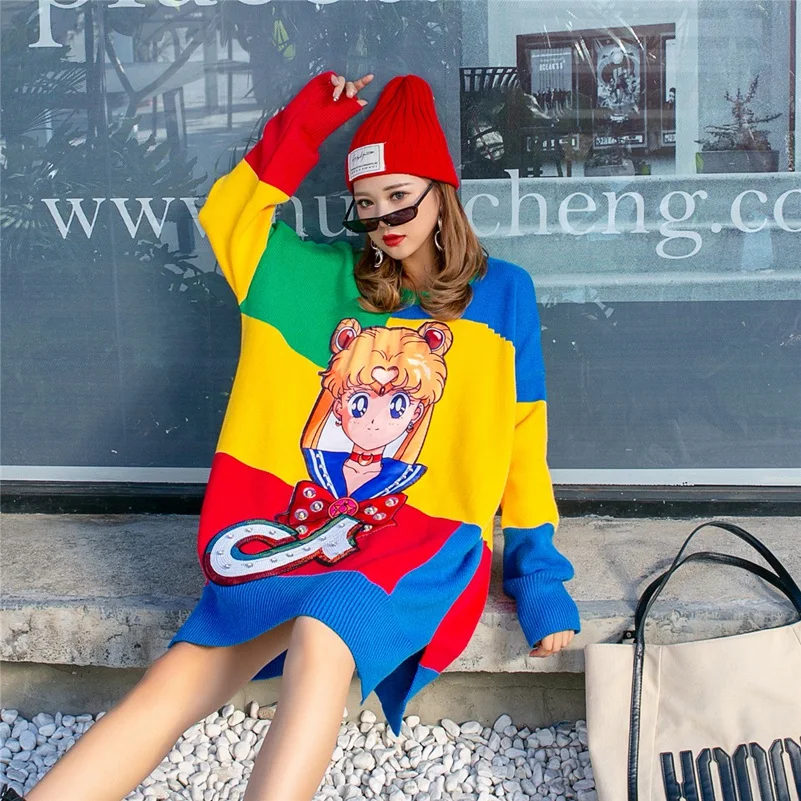 

2021 Fashion The New Loose Sequin Patch Cartoon Printing Contrast Color Knitting Sweater Free Shipping