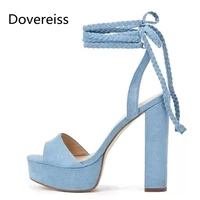 dovereiss fashion womens shoes summer new ankle strap pure color yellow mature cross tied narrow band sandals 15 cm big size 46