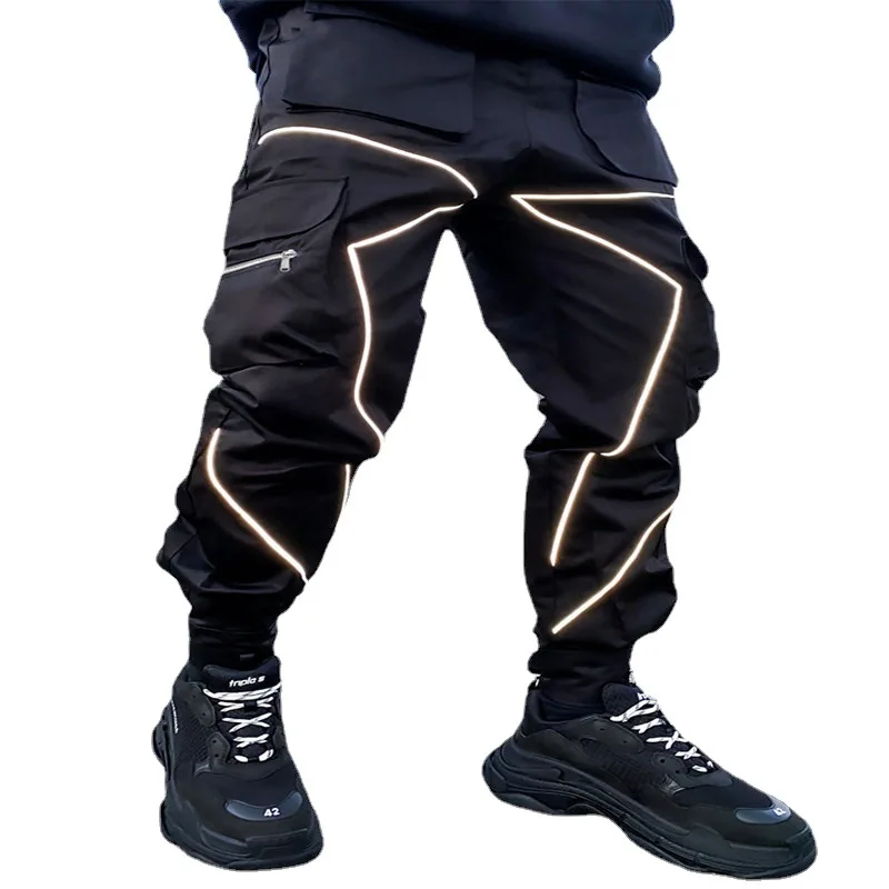 

2021 Men's Casual Trousers Popular Logo Multi-Pocket Reflective Cargo Pants Men Hip Hop Loose Straight Outdoor Running Pants 3XL