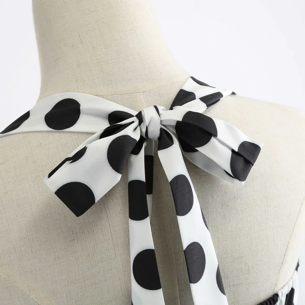 

Neck Mounted Polka Dot Bow Woman Dress Summer Knee Length Dresses Fashion High Waist New Female Robe Retro Party Casual Clothing