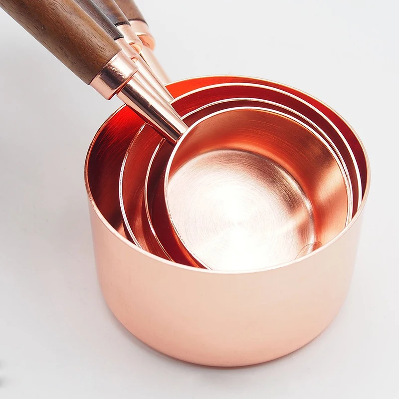 

8pcs Measuring Cups Spoons Set Walnut Handle Stainless Steel Plated Copper Metal Measuring Scoop Baking Kit Kitchen Accessories