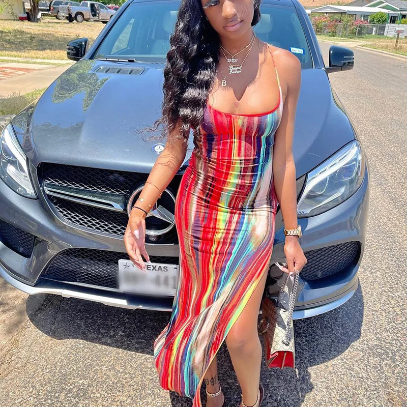 

2021 New Arrivals Summer Fashion Spaghetti Strap Slash Neck Banadage Backless Print Bodycon Sexy Night Club Women Prom Dress