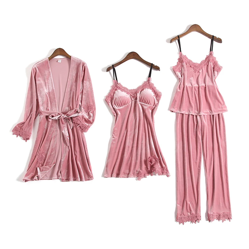 Pink Женский пижамный комплект, золотой бархат, 4 шт., комплекты платьев, пижамные комплекты, женский сексуальный кружевной халат, одежда для сна, Длинная зимняя Домашняя одежда без рукавов - Цвет: Pink