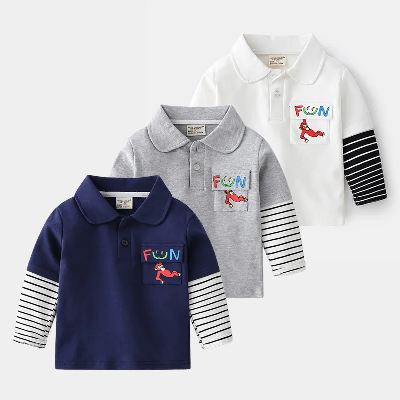 

Хлопковая рубашка-поло с длинным рукавом для мальчиков, весна-осень, Детская Повседневная футболка с прострочкой, детский топ с лацканами