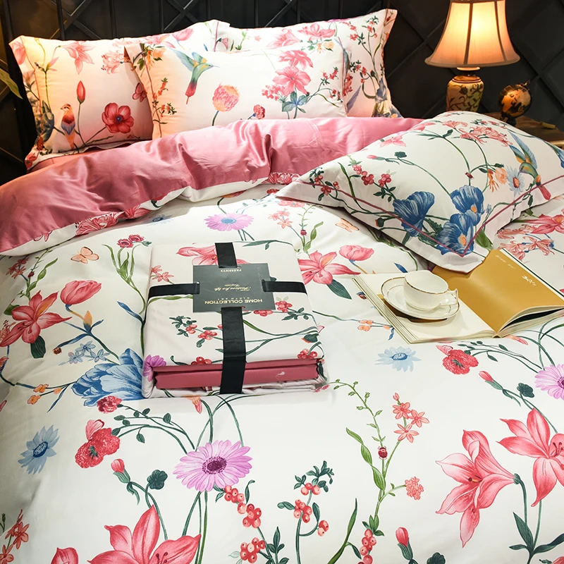 Розовый принт серии 600TC Египетский хлопок Мягкий пододеяльник простыня набор