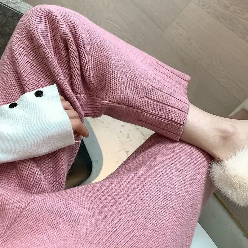 

Casual Pants Women Solid Simple High Elastic Waist Knitted Spliced Fashion Elegant Streetwear Ulzzang Grace Leisure Harem Bottom