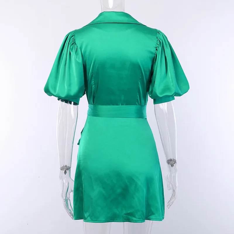 

Puff Slit Satin Dress Women Vintage Short Sleeve Packing Green Pure Mini Dresses Autumn Women Streetwear Party Dresses