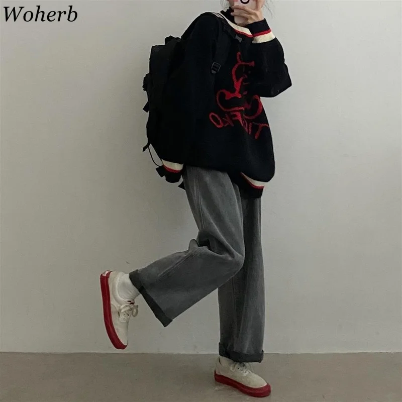 Женский жаккардовый свитер Woherb в стиле Харадзюку с готическим медведем черный