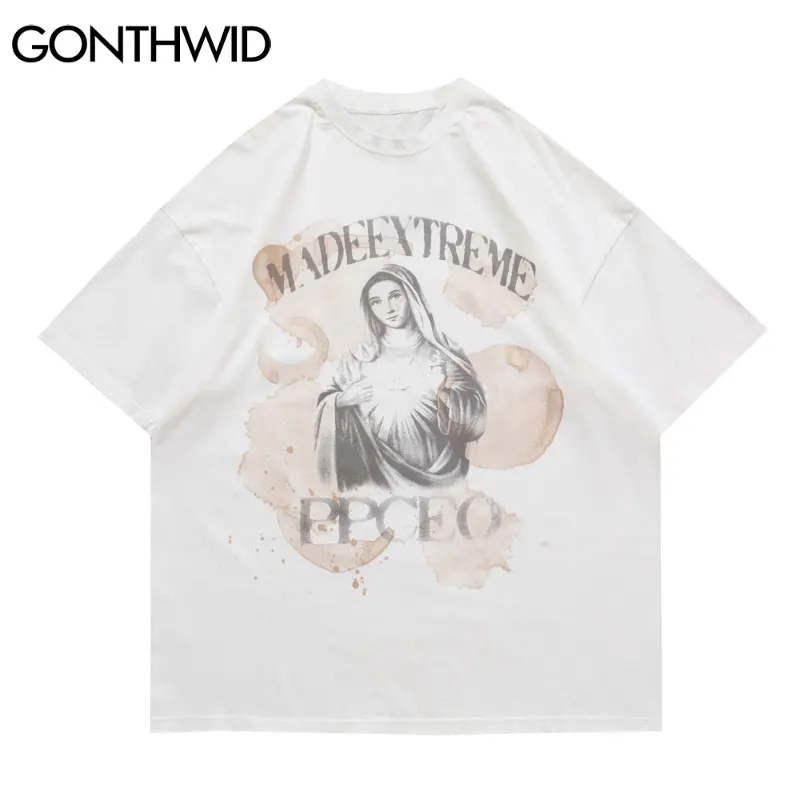 GONTHWID Oversized Tshirts Distressed Virgin Mary Print Tshirts Streetwear Hip Hop Harajuku Hipster Cotton Loose T-Shirt Tops
