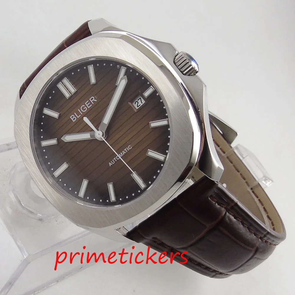 

Роскошные мужские часы с простым автоматическим механизмом и коричневым циферблатом, светящимися стрелками, сапфировым стеклом, отображен...