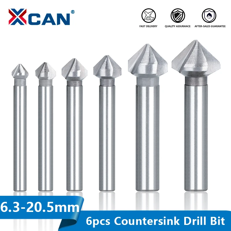 XCAN Drill Bit 3 Flute Chamfer Countersink Drill Bit 6pcs 6.3-20.5mm 90 Degree HSS Chamfering Cutter Wood Metal Hole Drilling