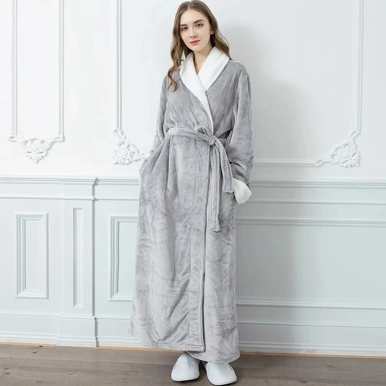 Super Soft Cosy Women's Sherpa Bath Robe - Soft Extra Long Fleece Dressing Gown- Fluffy Faux Fur Trim Long Robe- Gifts for Her