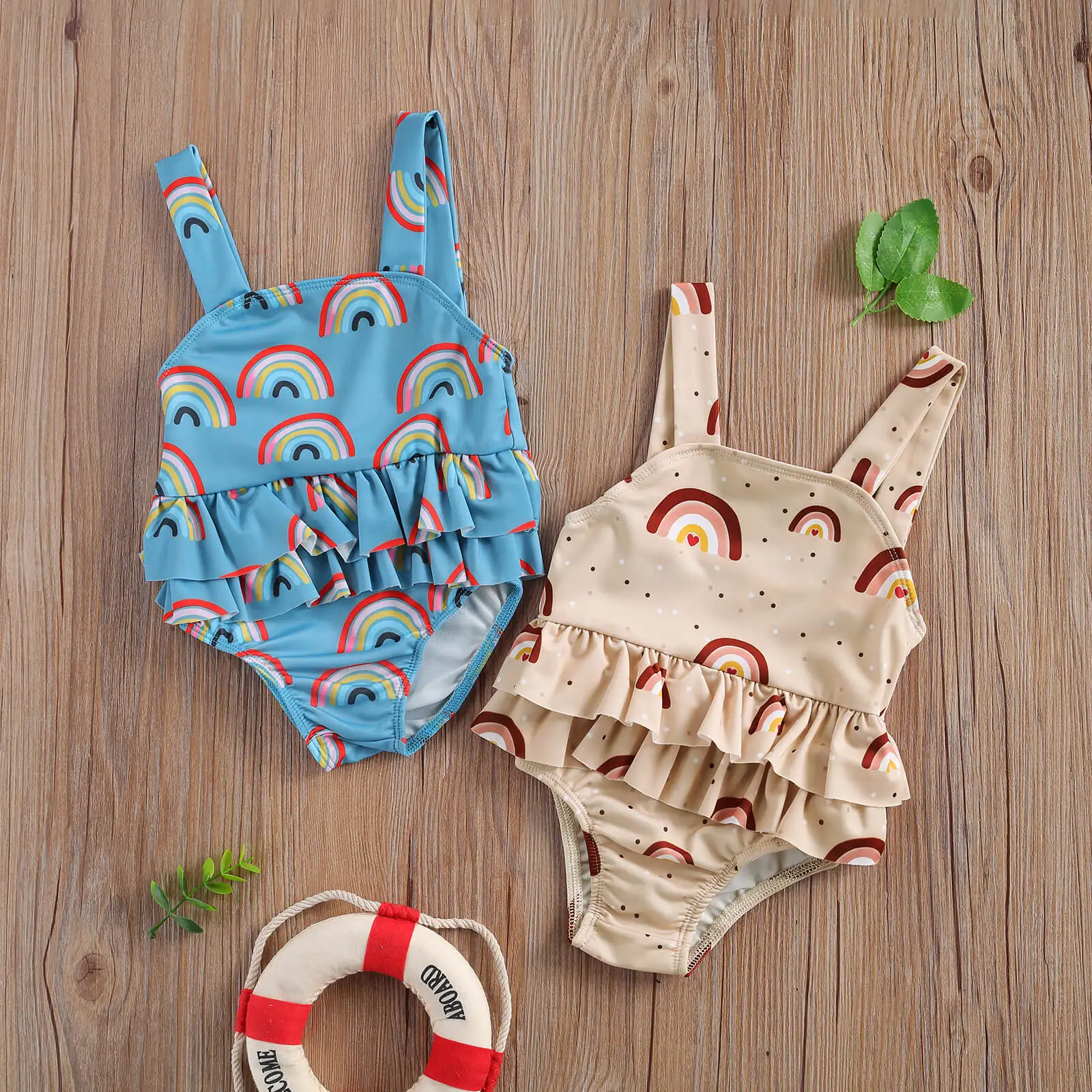 

1 шт., детский купальник с радужным принтом, с оборками