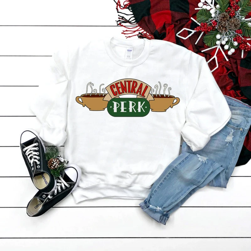 

Central Perk Funny Coffee Cup Printed Retro Women Sweatshirt Oversized Loose Black Hoodies Friends Tv Shows Graphic Jumper