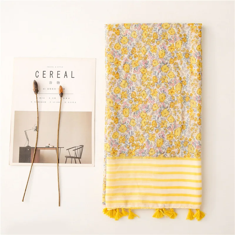 

New soft Balinese cotton yarn feel scarf yellow stripe floret decoration tourism sunscreen shawls scarf women