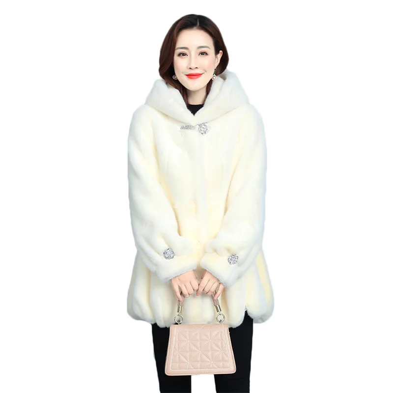 

Fur Coat Women Fashion Hooded Faux Mink Fur Jackets 2022 Winter New Beige Black Thick Warmth Coats Long Sleeve Diamonds Clothing