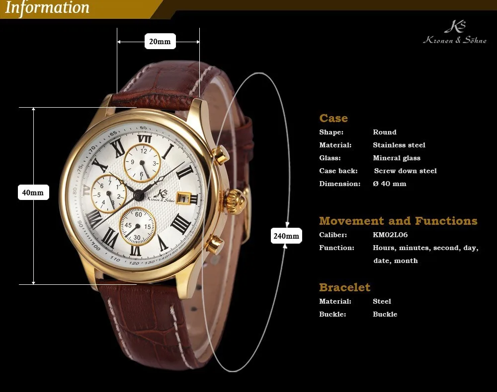 IMPERIAL KS Retro Skeleton 6 Hands Golden Case Luxury Brand Day Month Display Brown Leather Strap Men's Mechanical Watch / KS146