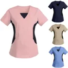 Женская однотонная блузка с коротким рукавом, V-образным вырезом и карманами, однотонная, в стиле пэчворк, повседневная, 2021
