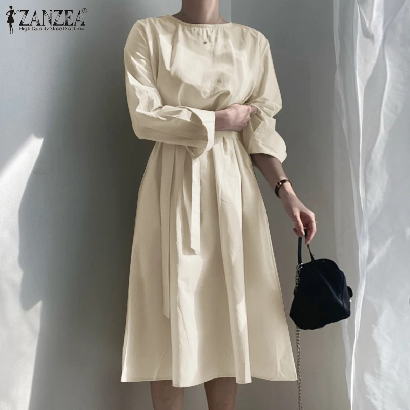 

Элегантное офисное Дамское Платье ZANZEA 2021, Женский Осенний сарафан, модное однотонное платье до колена с длинным рукавом, повседневные празд...