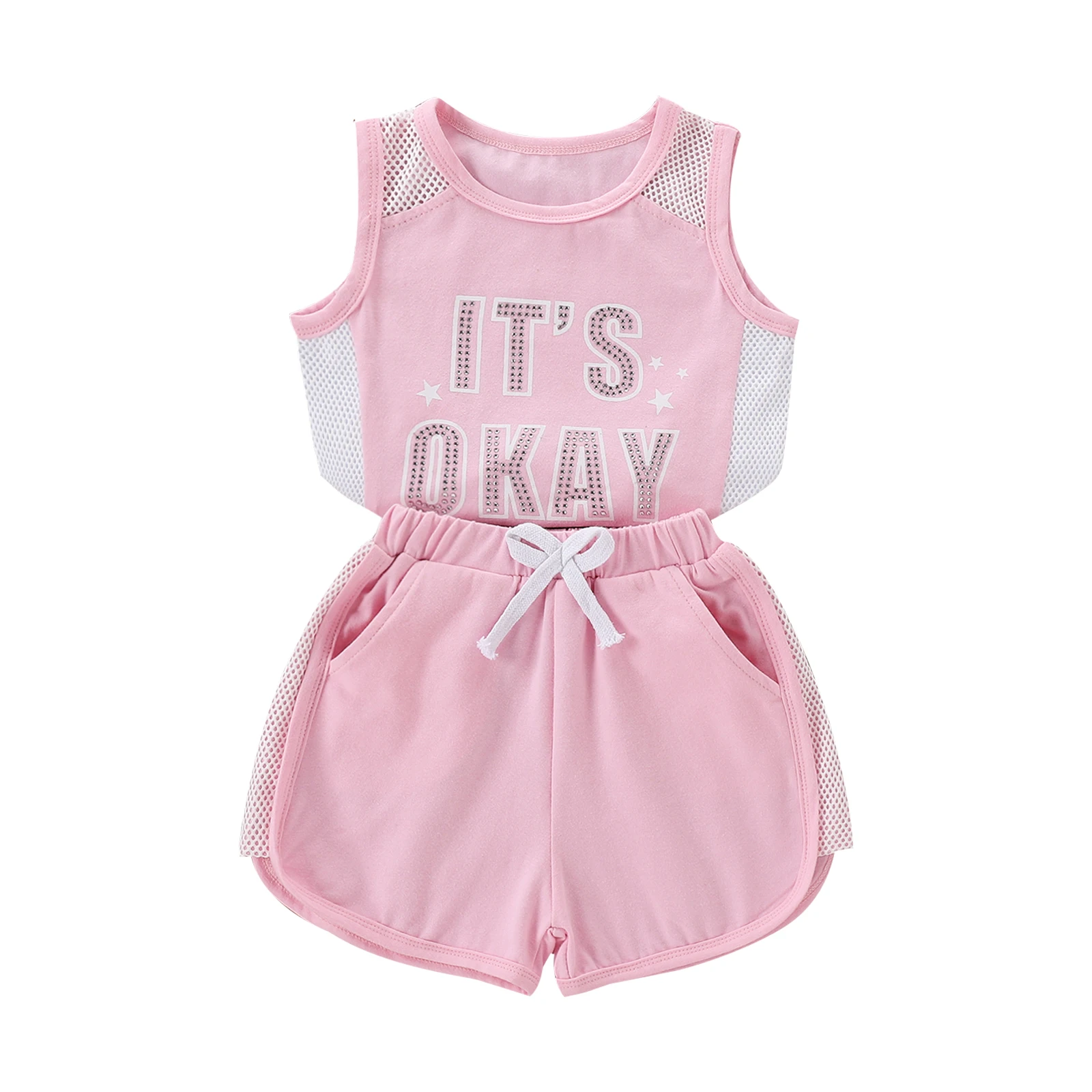 

2021 для девочек (2 вещи), спортивный Стиль комплект одежды без рукавов с принтом в виде букв из сетчатого материала в стиле пэчворк без рукавов...