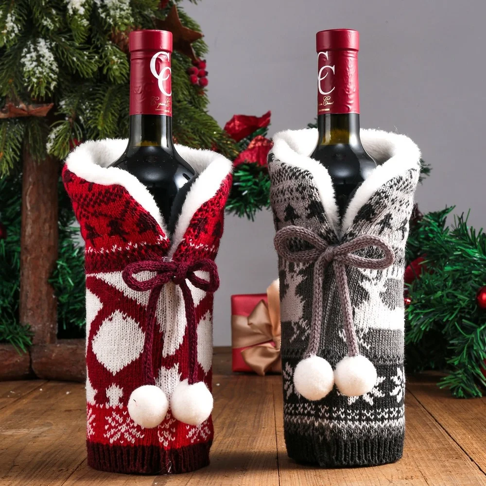 

2021 New Hair Ball Knitted Red Wine Set Christmas Decorative Atmosphere Supplies Home Holiday Wine Bottle Set
