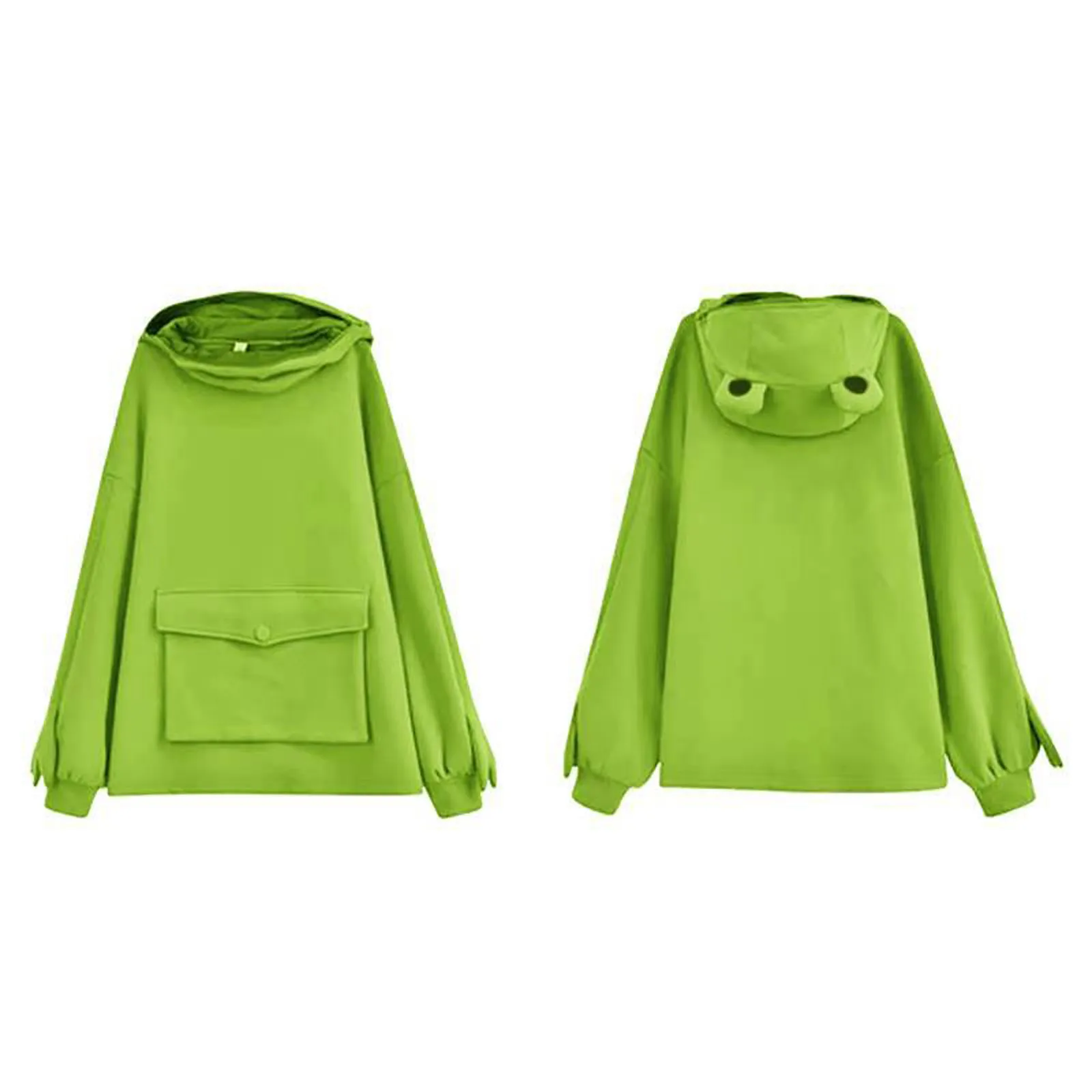 

Women Autumn Thick Loose Sweatshirt Harajuku Fluorescent green Lovely Frogs Casual Hooded Pullover Female Pocket Thicken Clothes