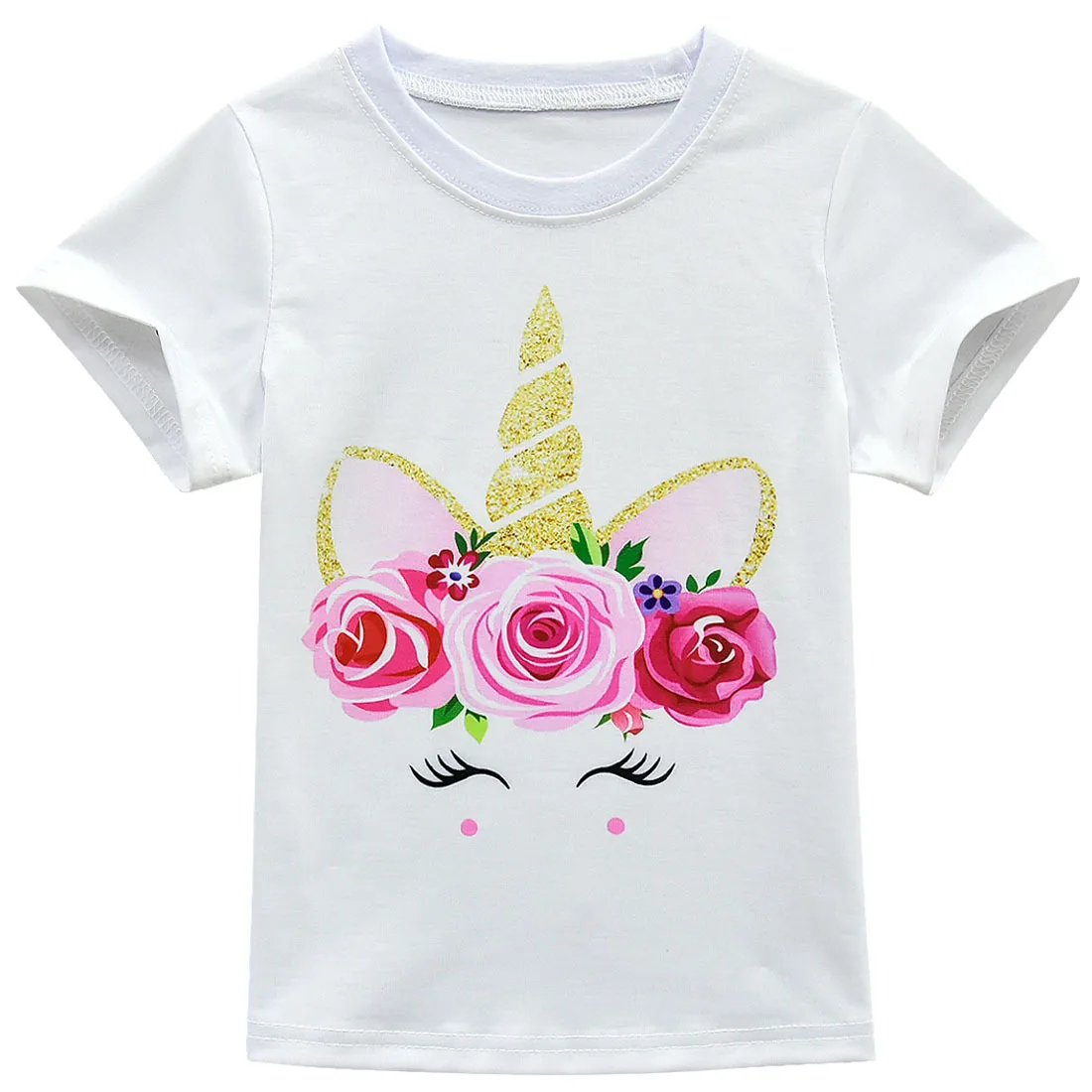 

Летняя футболка с рисунком единорога для маленьких девочек 3-10 лет; хлопковые топы с короткими рукавами; детская белая футболка; одежда для д...