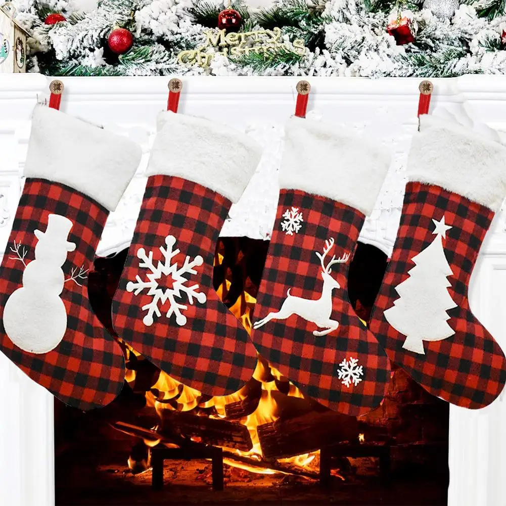 

4PCS Christmas Stockings Cute Plaid Sock For Christmas Tree Hanging Ornament Exquisite Gift Candy Storage Bag Xmas Gift