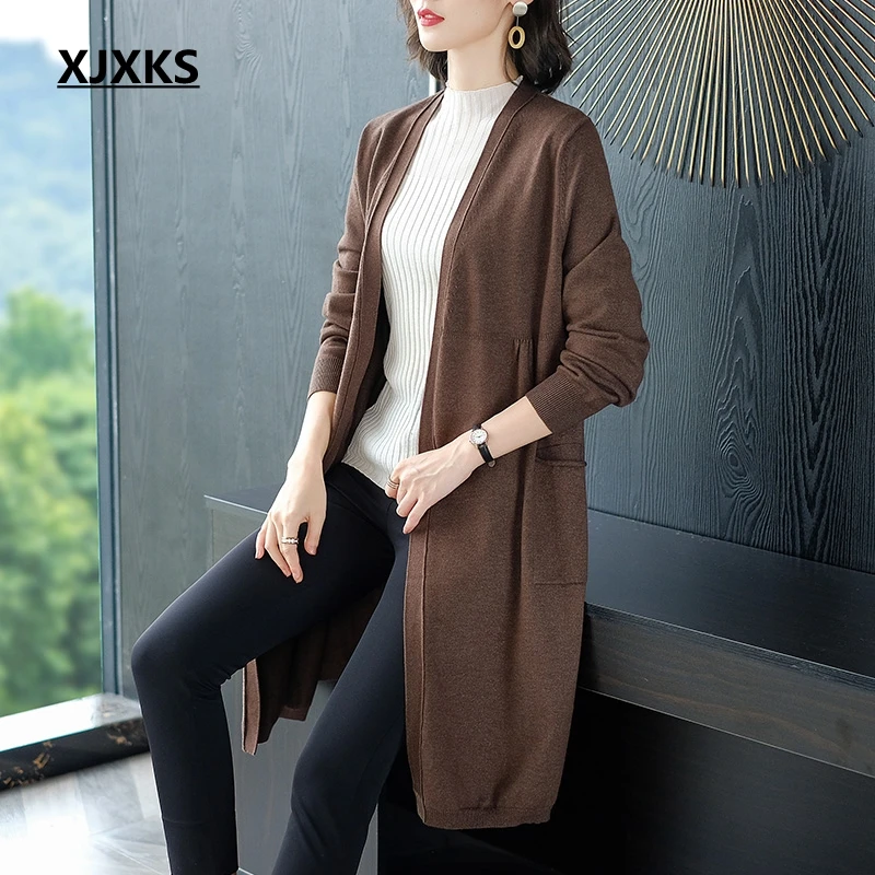 Женский длинный вязаный кардиган XJXKS элегантная теплая осенняя одежда осень 2019 |