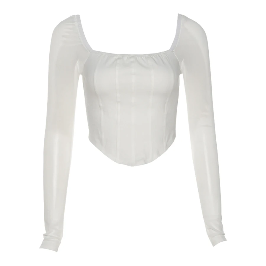 

Sylcue Summer sweet pure desire white square collar clavicle fine long sleeves irregular T - shirt women all-match crop blouse
