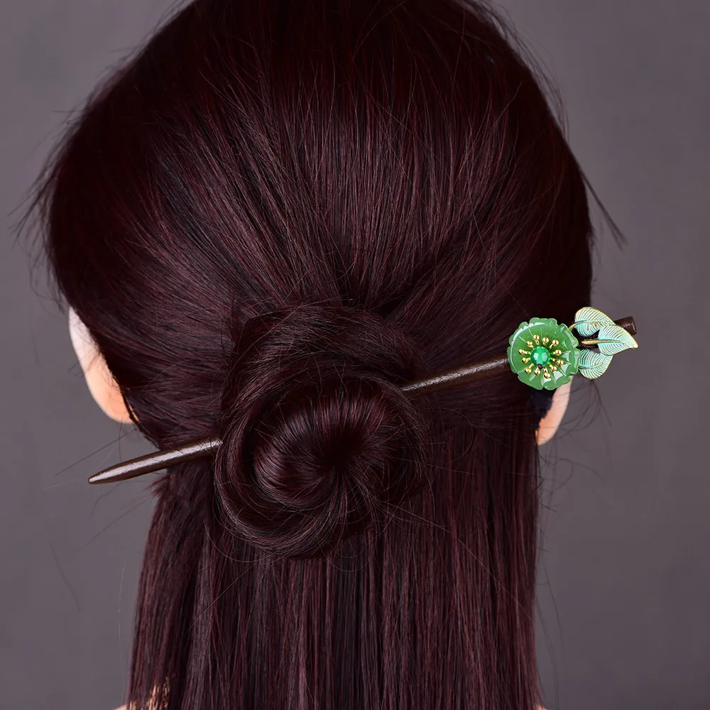 Простой Ретро зеленый цветной глазурью деревянные палочки для волос мазок сплав