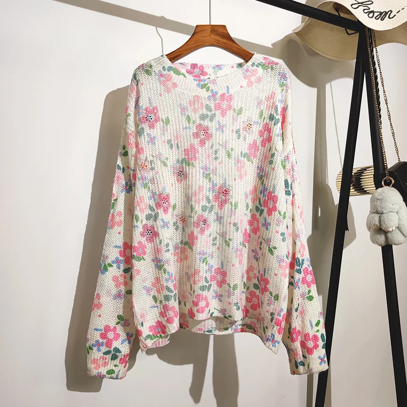 

VANOVICH Fashion Style Loose Round Neck Rhinestone Flower Knit Sweater 2021 New Autumn Winter Korean Pullovers