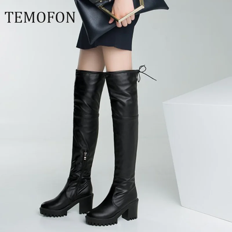 Женские зимние сапоги на массивной платформе Сапоги до бедра высоком квадратном