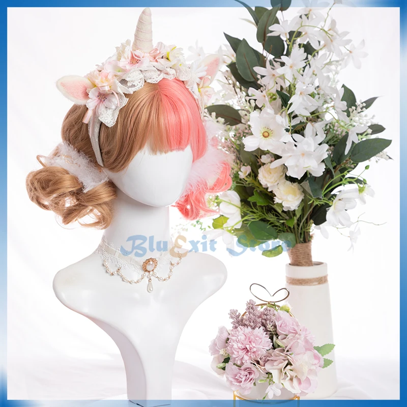 

Mixed Brown Pink Lolita Wig Harajuku Sakura Sweet Short Curly Synthetic Hair Fringe Bangs Adult Girls Cosplay Hair