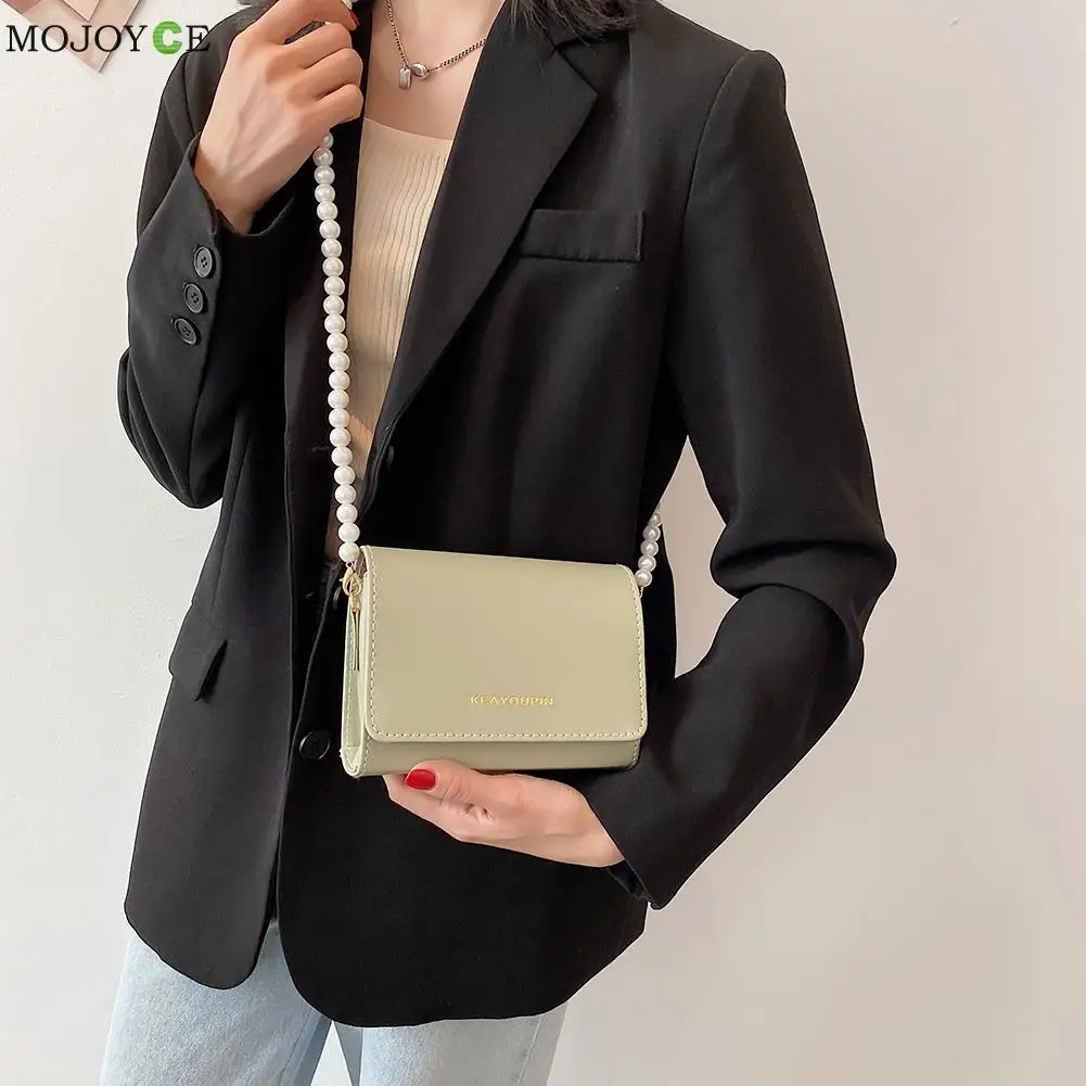 Fashion Women PU Leather Pure Color Shoulder Crossbody Messenger Bag Casual Ladies Pearl Chain Mini Handbags Flap Purse |