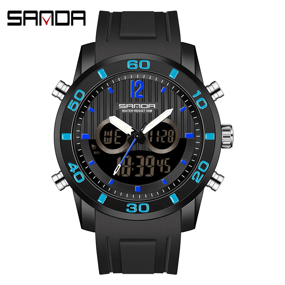 

Часы наручные SANDA Мужские кварцевые в стиле милитари, модные брендовые Роскошные светодиодные цифровые, противоударные