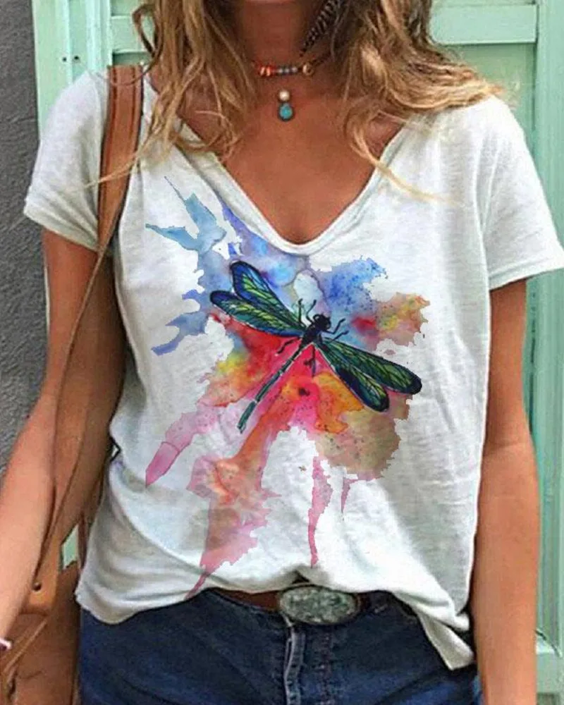 

Women's T Shirt New Summer Element Printing V Neck Short Sleeved Casual Loose Fashion Oversized Streetwear Women Clothing Tops