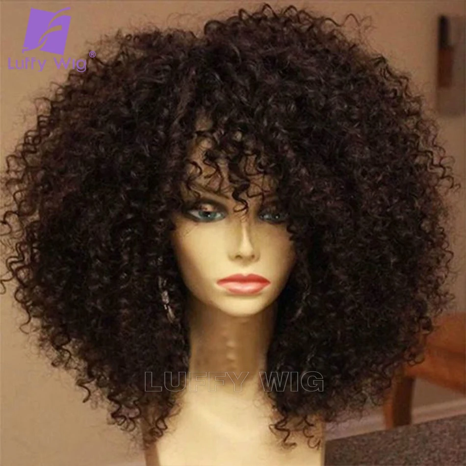 Afro Kinky Curly Wigs With Bangs Scalp Base Top Full Machine Made Wigs For Women Peruvian Remy Curly Wig With Bangs Luffywig