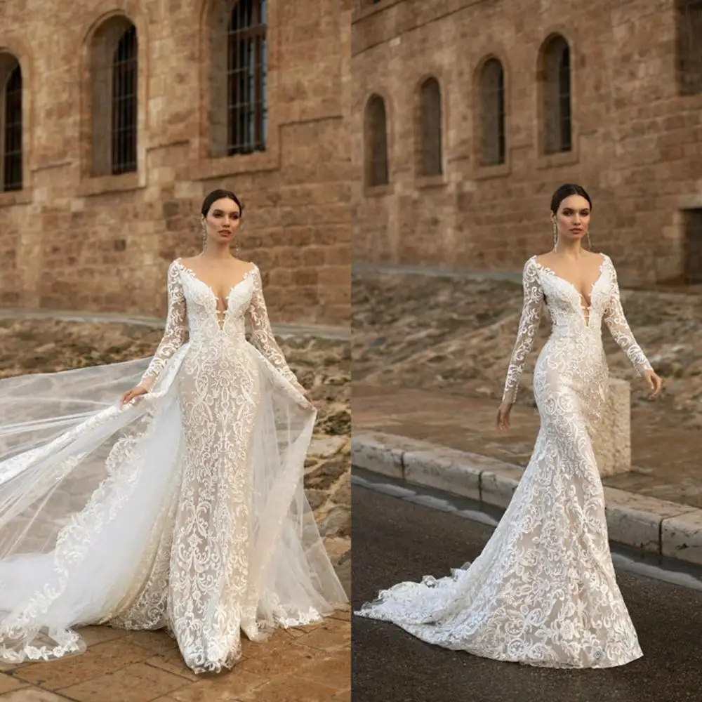 

2020 Mermaid Wedding Dresses with Removable Train Deep V Neck Lace Applique Bridal Gowns Beach Illusion Dress robe de