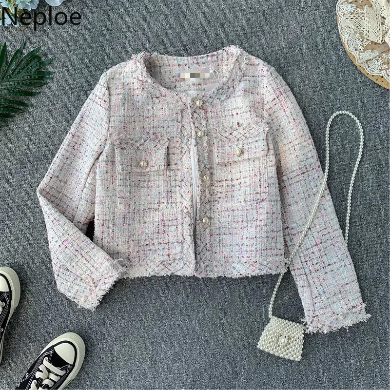 Женская твидовая куртка в стиле пэчворк с круглым вырезом | одежда