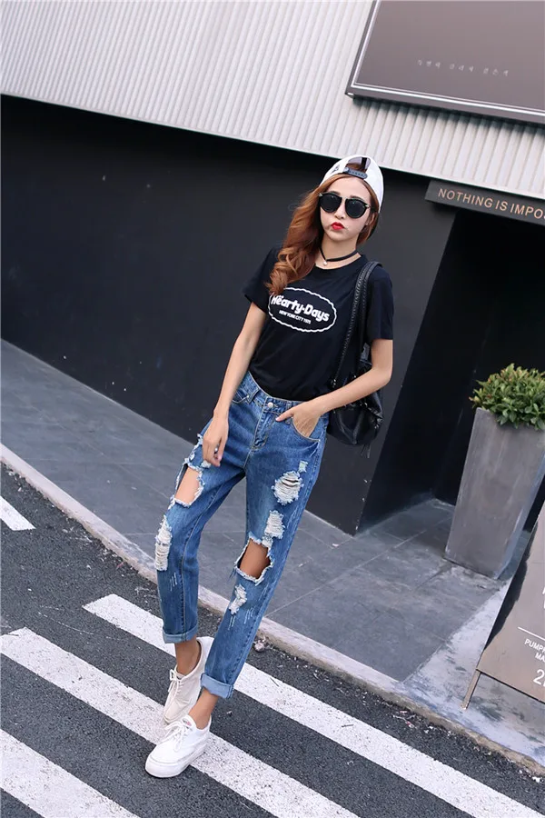 JUJULAND Модные женские рваные потертые тонкие джинсовые джинсы Boyfriend джинсы сексуальные узкие брюки с дырками размера плюс 9053 - Цвет: dark blue