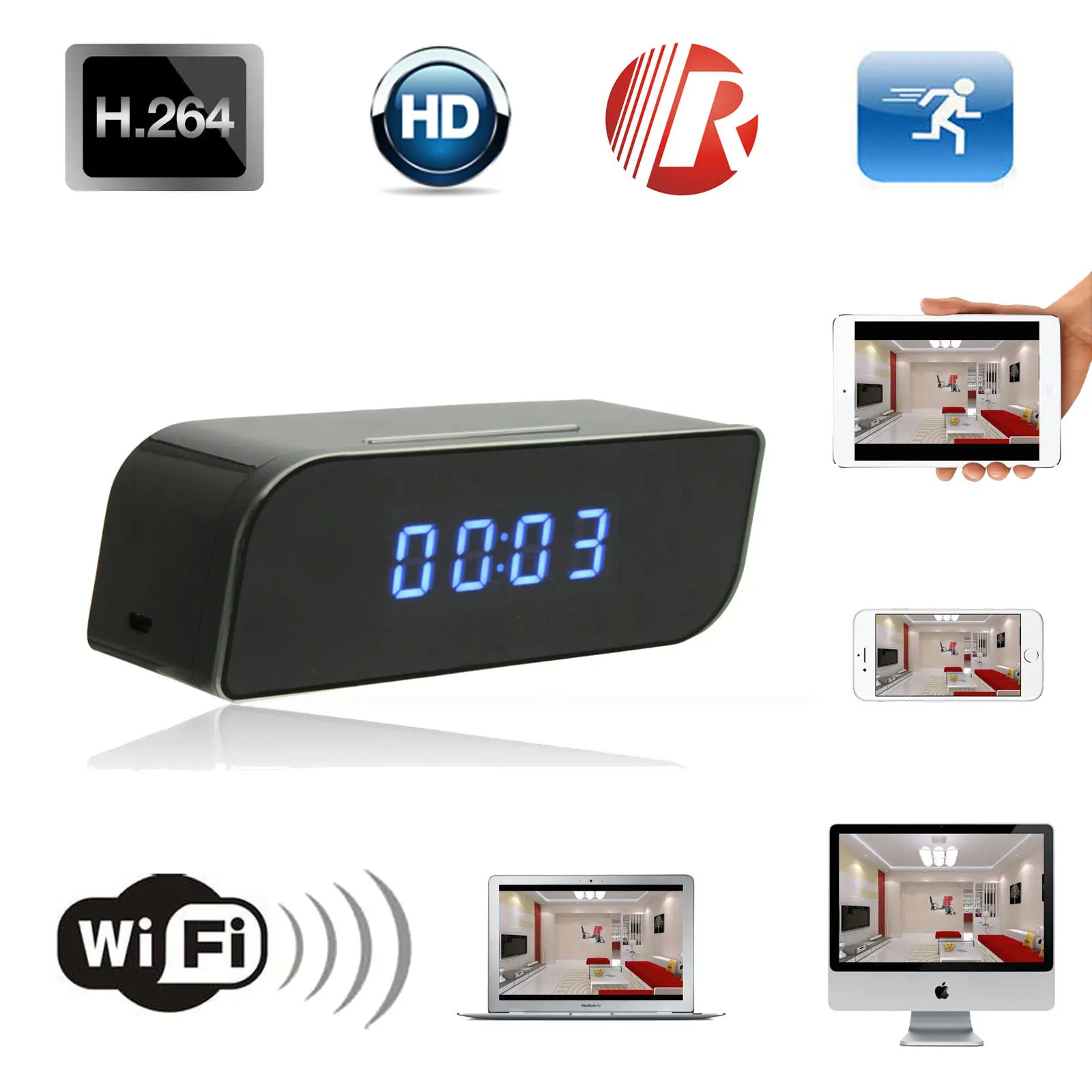 

HD 1080P Wireless Wifi Alarm Clock Camera Motion Home Security Protection IR Cam Nanny Night Vision IP Camera