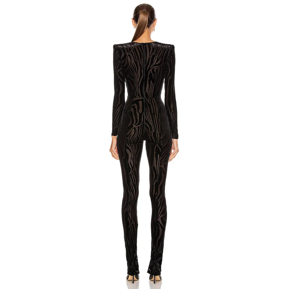 

High Quality Women's 2020 Fall Black Bodycon Jumpsuit Sexy O-neck Long Sleeve Printed See-through Fashion Street Jumpsuit