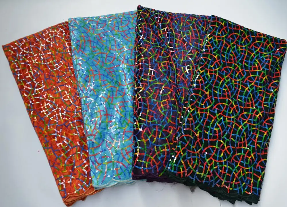 

(5yards/pc) Orange color African soft velvet lace fabric with fully sequins embroidery for party dress 4 colors VLP022