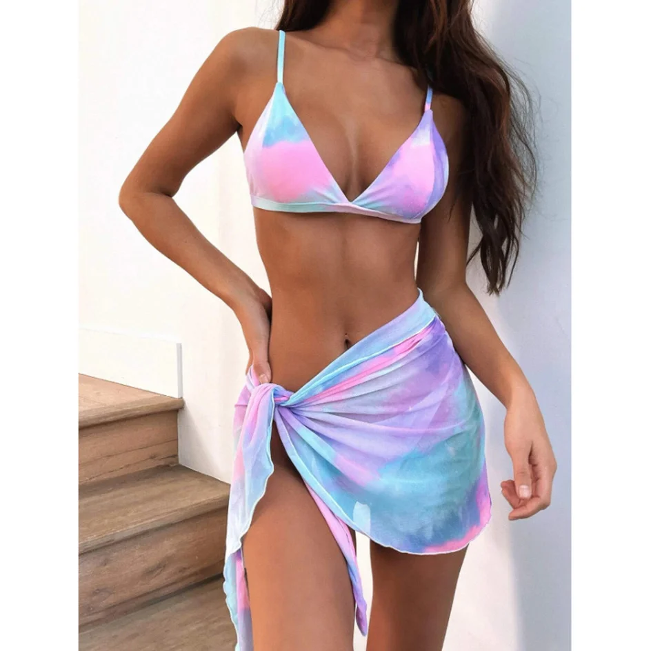 

Соблазнительное Бикини Tie Dye 2021, комплект из 3 предметов, купальник, Женская сетчатая накидка, стринги, комплект бикини, купальник, женский ку...