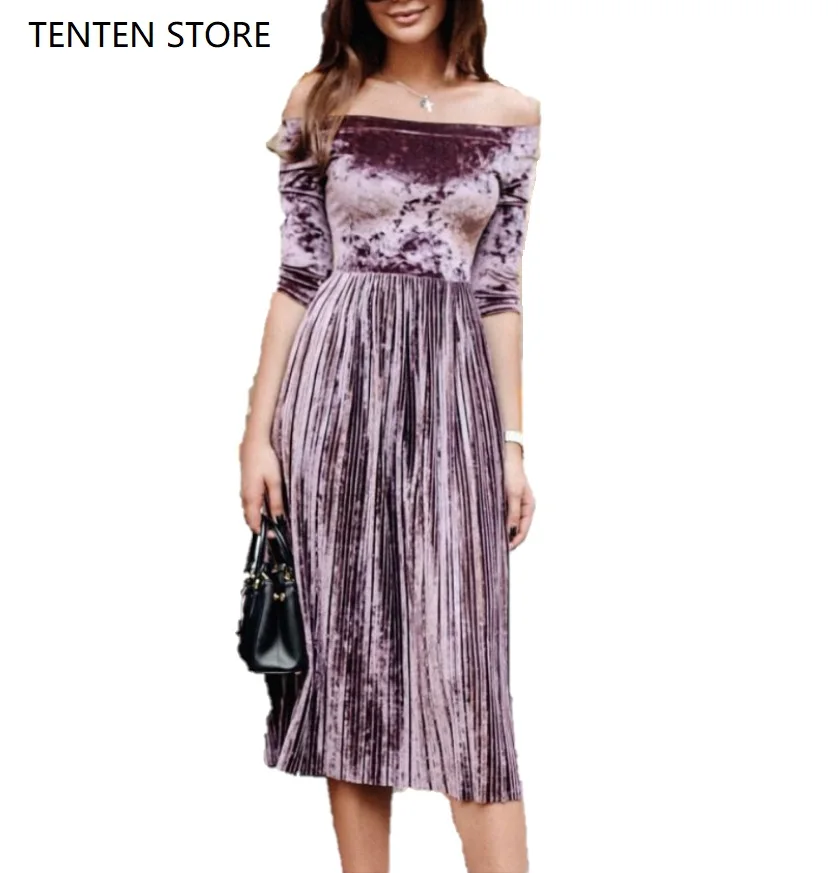 Осень зима бархатные Плиссированные Длинные платья женские с открытыми плечами