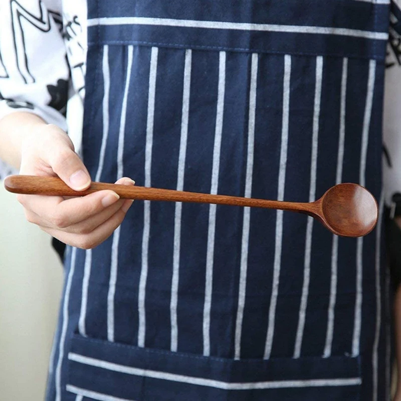 5 Pcs Long Spoons Wooden 6 Forks Handle Round Spoon Set Used For Soup Cooking Blender | Дом и сад