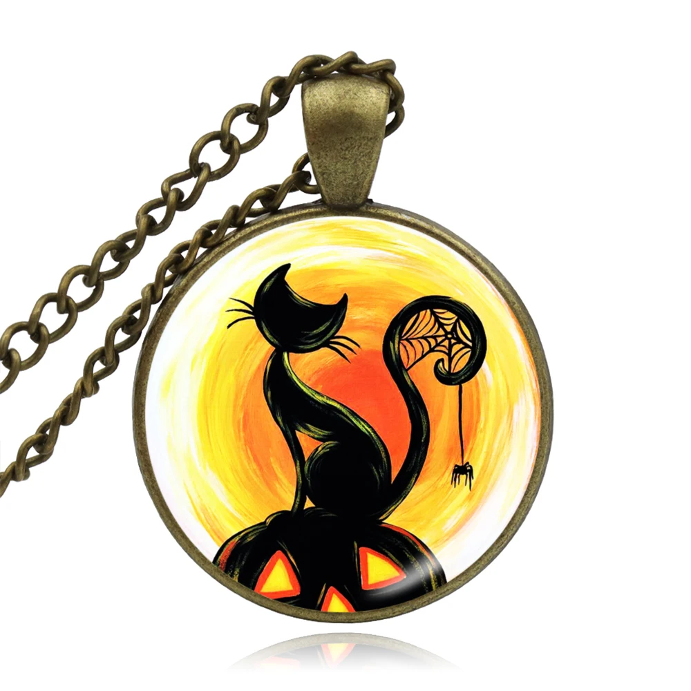

KARAIRIS Trendy Halloween Pumpkin Black Cat Necklace Round 25mm Glass Cabochon Pendant Long Chain Necklace bisuteria mujer